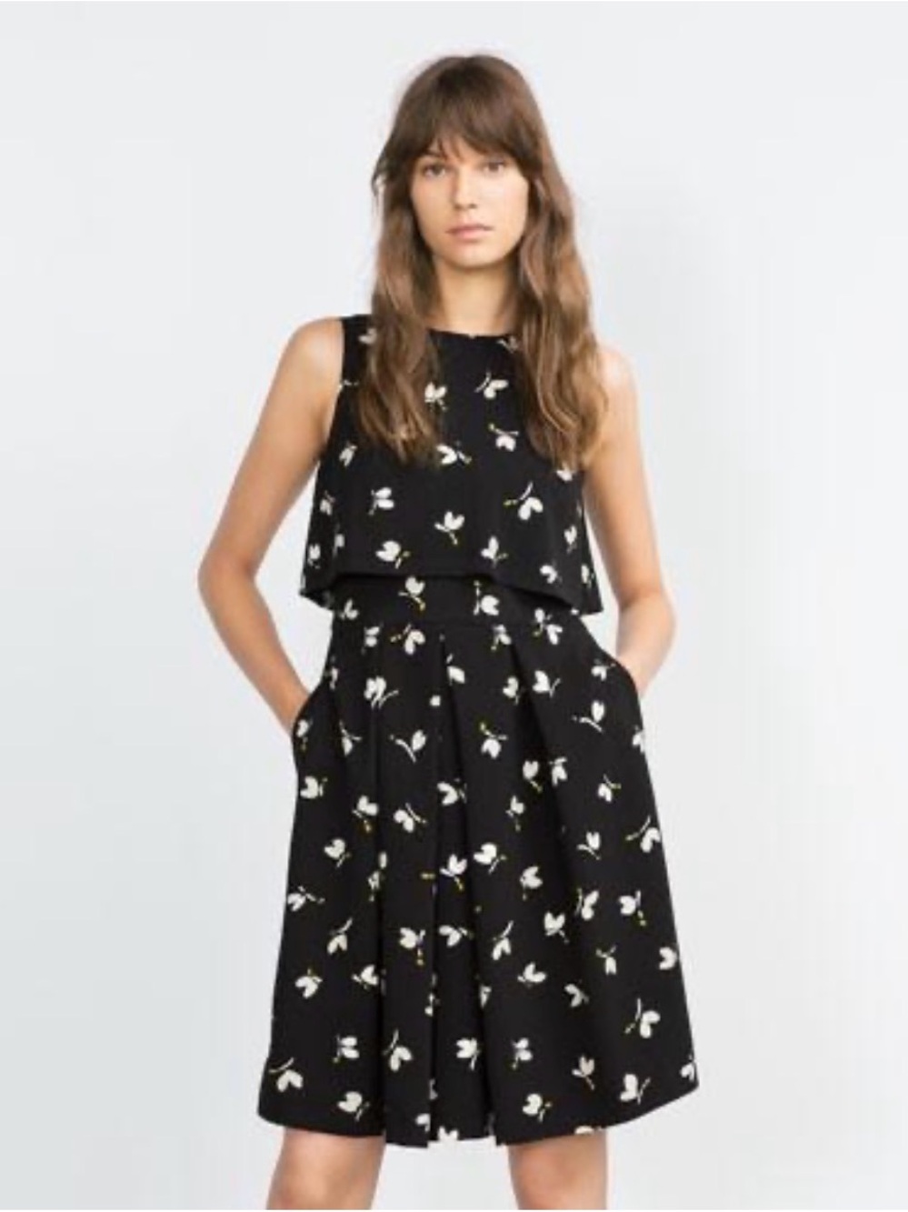 Zara Black Sleeveless Midi Dress with White Floral Print